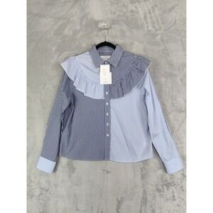 The Shirt Rochelle Behrens Blue Gingham Ruffle Asymmetrical Button Up Blouse M